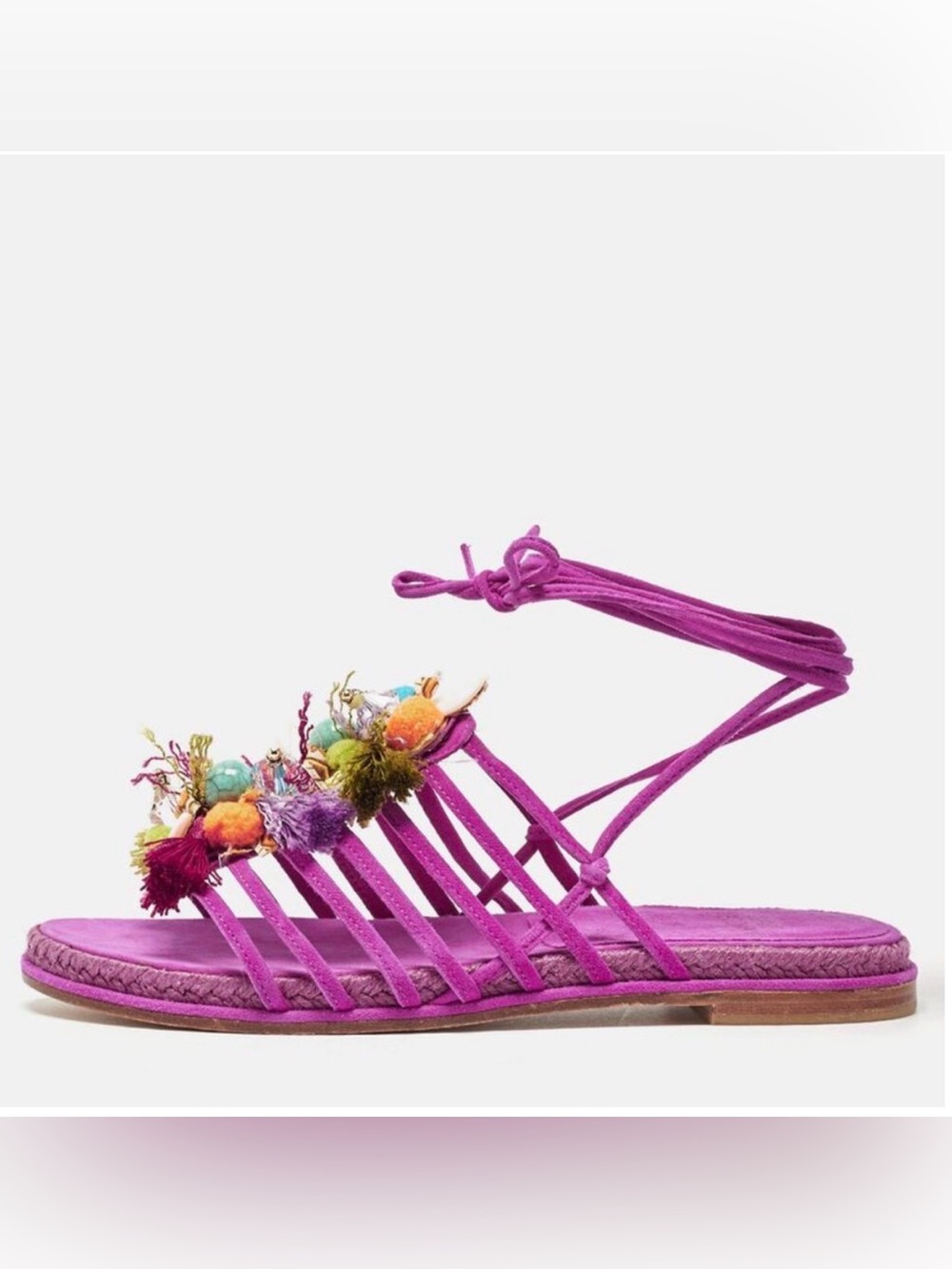 Stuart Weitzman Noodles Fuchsia Pom Pom Tassel Strappy Sandals, Size 9.5